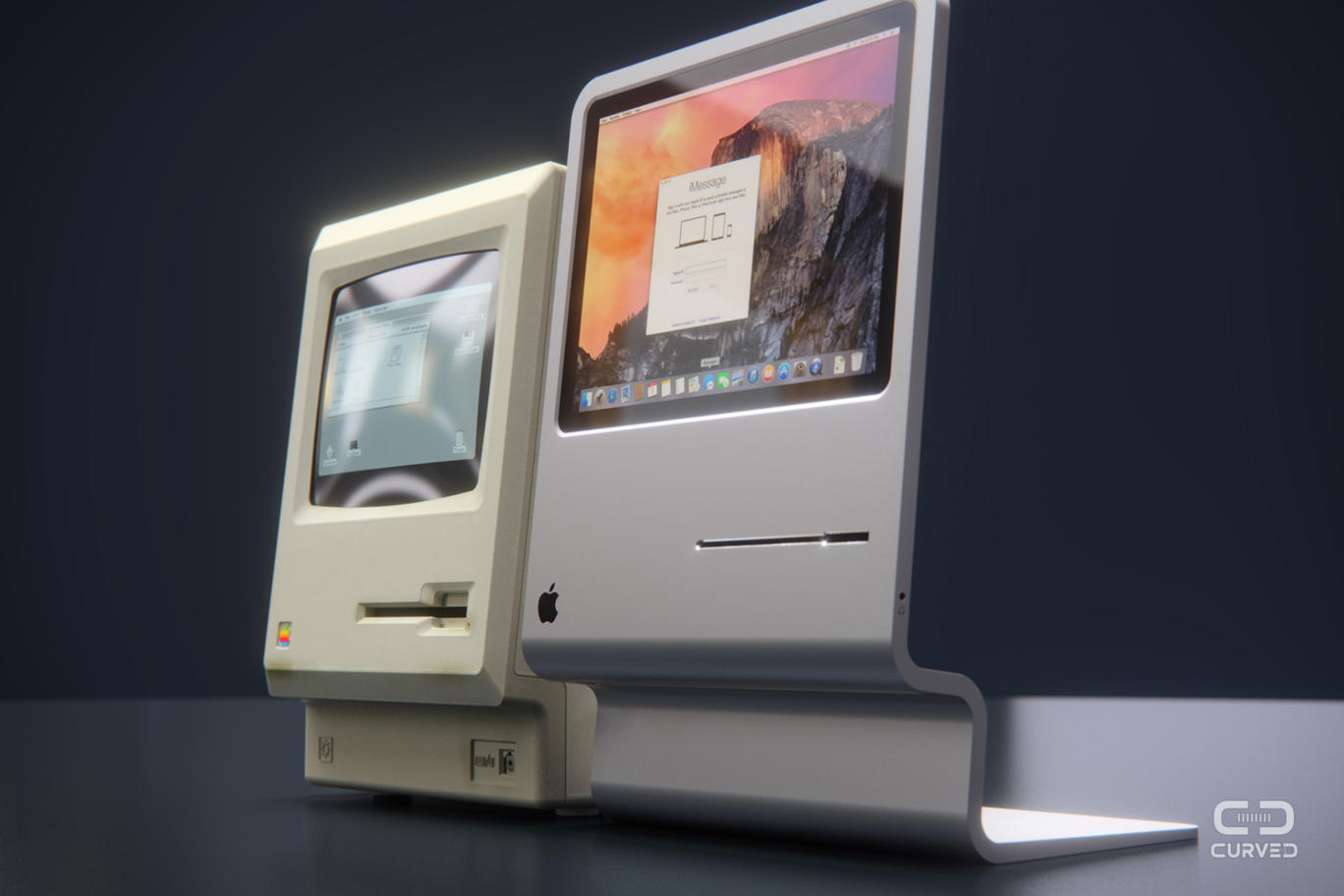 Curved Labs Mac side-by-side with Original Macintosh
