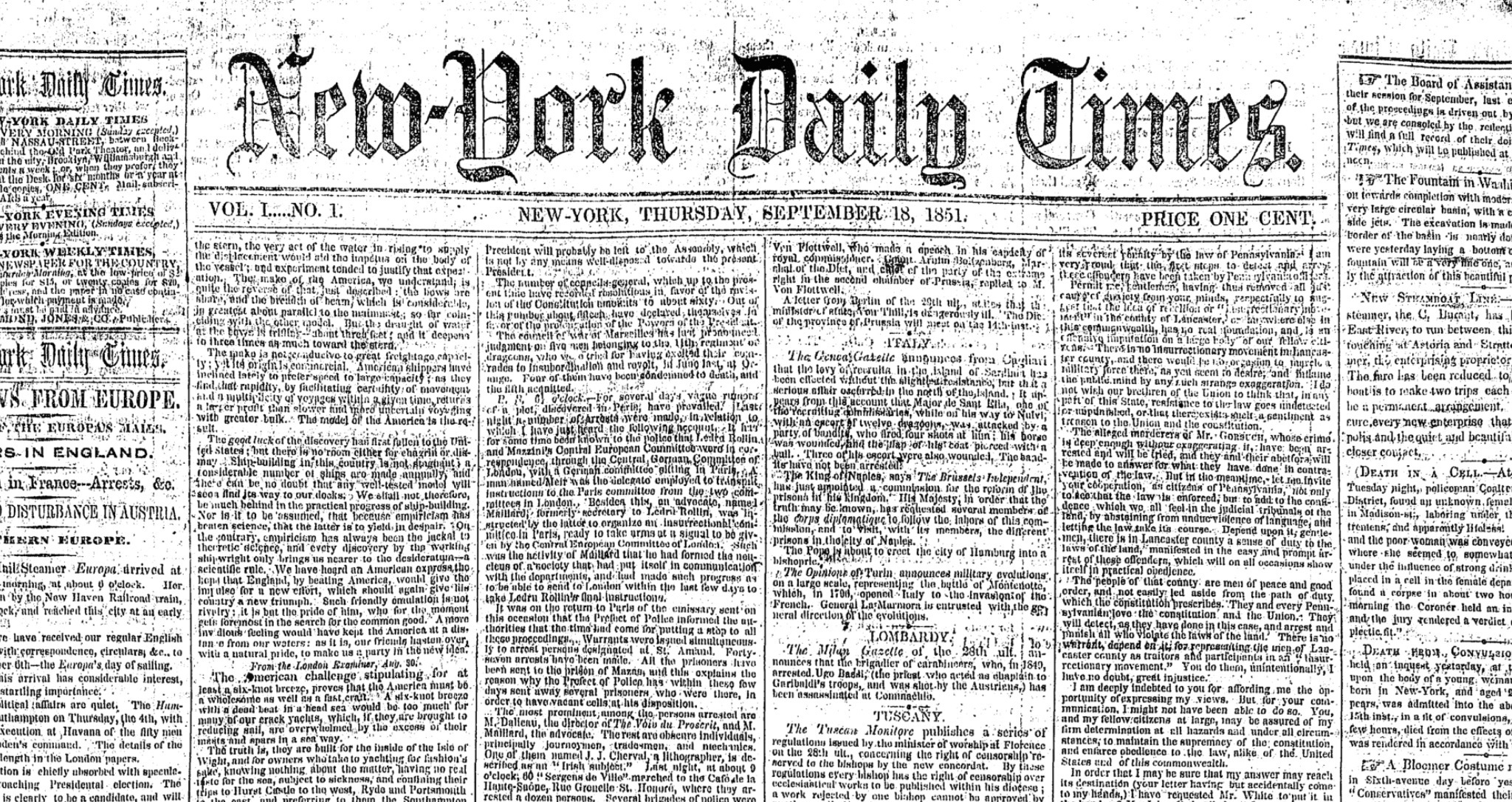 Front Page of the First Edition of The New York Times