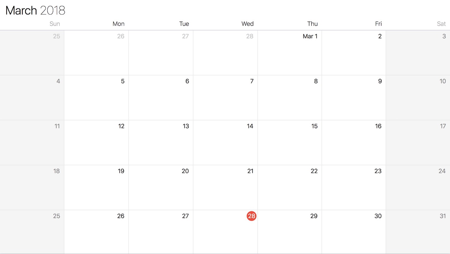 March 2018 calendar with the 28th highlighted