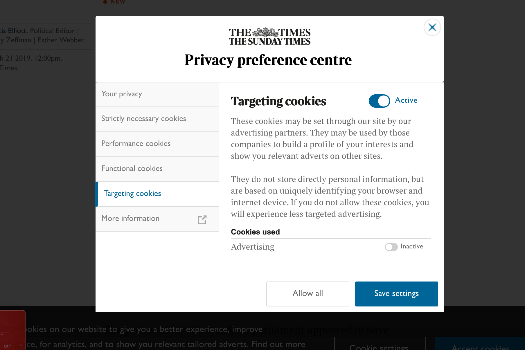 Privacy Preference Centre Dialog at The Times of London